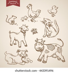 Domestic farm Pets zoo friendly funny animal icon set. Engraving style pen pencil crosshatch hatching paper painting retro vintage vector lineart illustration. Han cat dog goat duck rat chicken cow.