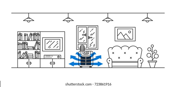 Domestic Floor Air Conditioner Vector Illustration. Living Room With Floor (portable) Air Conditioner (ac) Appliance Line Art Concept.
