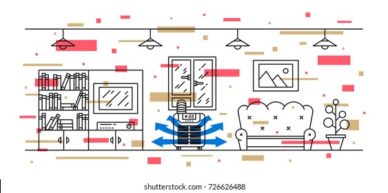 Domestic floor air conditioner vector illustration with decorative elements. Living room with floor (portable) air conditioner (ac) appliance line art concept.
