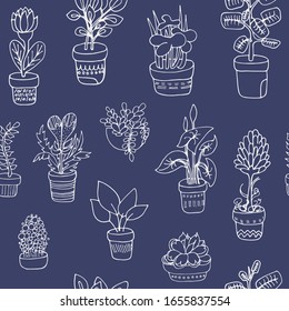 domestic flowers seamless pattern. Indoor plants in pots. Palm cactus, dried flower succulent. Flowers for interior and greenhouse. Vector stock illustration hand-drawn. exotic indoor flowering plants
