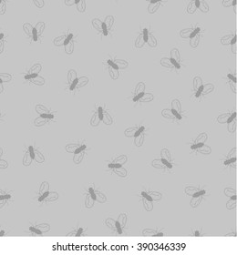 Domestic fly seamless vector pattern on a grey background. 