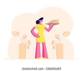 Domestic Food Concept. Housewife Woman Holding Plate with Roasted Turkey or Chicken for Delicious Family Dinner at Home. Young Wife Cooking Meal for Husband. Cartoon Flat Vector Illustration