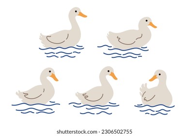 Domestic fowl. Cartoon goose swam in water. Vector contour illustration of goose.