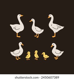 Domestic fowl. Vector contour illustration of goose, duck, and duckling.