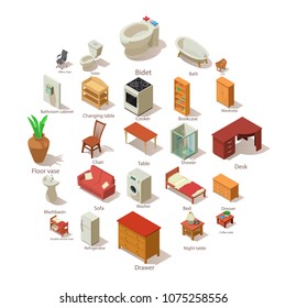 Domestic furniture icons set. Isometric illustration of 25 domestic furniture vector icons for web