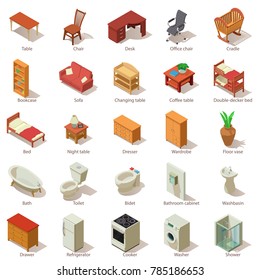 Domestic furniture icons set. Isometric illustration of 25 domestic furniture vector icons for web