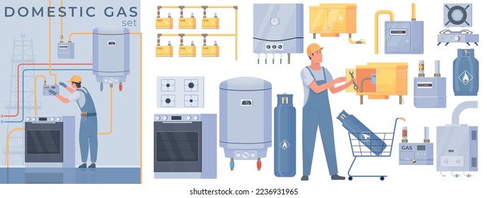 Domestic gas flat composition set with various household appliances and workers isolated vector illustration