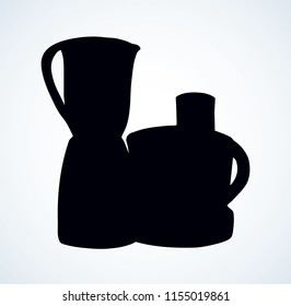 Domestic glass crush chopper cup on white paper background. Dark black ink hand drawn home cuisine cut object device logo emblem pictogram sketch in modern art contour print style on space for text
