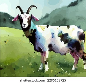 Domestic goat painting in watercolor style, vector EPS 10 illustration 