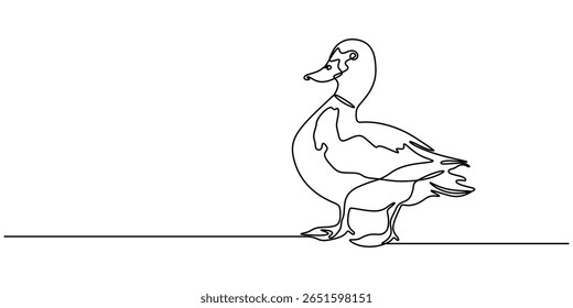 Ganso doméstico contínuo um desenho de linha, Pato em estilo de desenho de arte de linha contínua. Abstrato pato andando minimalista, Pato arte de linha contínua isolada no fundo branco ilustração vetor, bebê.