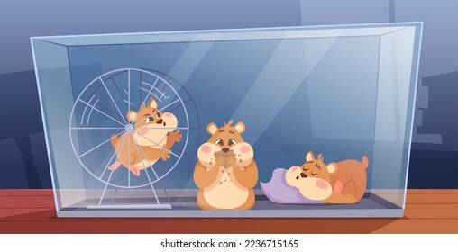 Domestic hamsters. Fluffy funny animals running in wheel playing eating and sleeping in cage exact vector cartoon background with hamsters