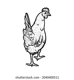Domestic hen engraved in white background. Hen bird with cockscomb. Sketch vector illustration