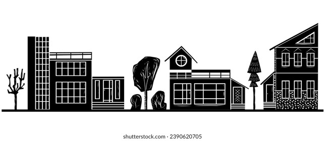 Domestic home and trees hand carved linocut vector set. Collection of folk art style rural houses and woodland clip art.