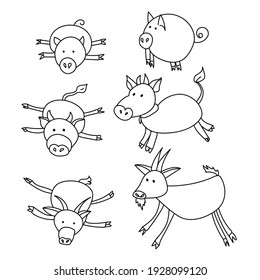 Domestic hoofed animals in doodle style, goat calf and pig lying and standing vector illustration