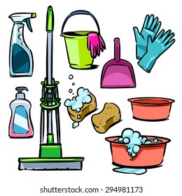 Domestic housework Tools for Washing. Color illustration