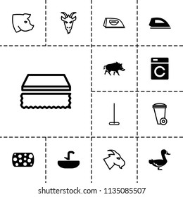 Domestic icon. collection of 13 domestic filled and outline icons such as washing machine, goat, pig, mop, sponge, trash bin, iron. editable domestic icons for web and mobile.