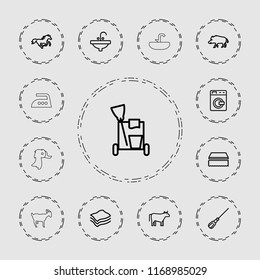 Domestic icon. collection of 13 domestic outline icons such as cow, washing machine, hog, horse, cleaning tools, mop, sponge, sink. editable domestic icons for web and mobile.