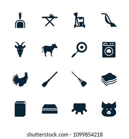 Domestic icon. collection of 16 domestic filled icons such as udder, pig, goat, cleaning tools, mop, sponge, ironing table. editable domestic icons for web and mobile.