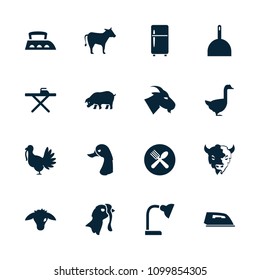 Domestic icon. collection of 16 domestic filled icons such as goat, goose, dustpan, ironing table, iron, spoon and fork, cow. editable domestic icons for web and mobile.