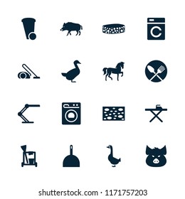 Domestic icon. collection of 16 domestic filled icons such as washing machine, hog, pig, horse, goose, table lamp, vacuum cleaner. editable domestic icons for web and mobile.