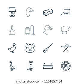 Domestic icon. collection of 16 domestic outline icons such as pig, goose, mop, sponge, ironing table, iron, table lamp. editable domestic icons for web and mobile.
