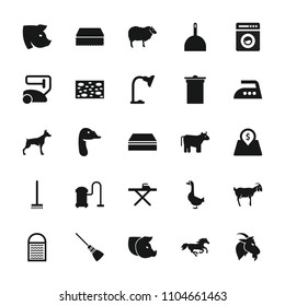 Domestic icon. collection of 25 domestic filled icons such as cow, dog, sheep, horse, pig, goat, goose, vacuum cleaner, dustpan. editable domestic icons for web and mobile.