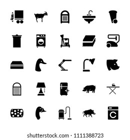 Domestic icon. collection of 25 domestic filled icons such as washing machine, goose, pig, goat, cleaning tools, vacuum cleaner. editable domestic icons for web and mobile.