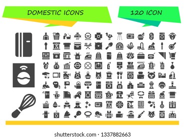 domestic icon set. 120 filled domestic icons.  Simple modern icons about  - Refrigerator, Mixer, Washing machine, Dustpan, Chicken, Basin, Extractor hood, Hamster wheel, Veterinary