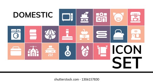 domestic icon set. 19 filled domestic icons.  Collection Of - Microwave, Laundry, Fridge, Domotics, Extractor hood, Pan, Dog, Towel, Hamster, Glass cleaner, Sink, Kettle, Mixer