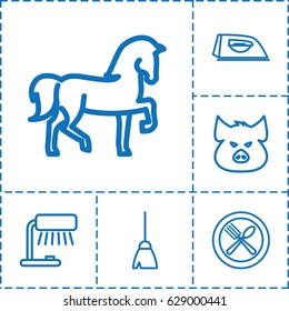 Domestic icon. set of 6 domestic outline icons such as pig, horse, broom, iron, spoon and fork