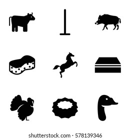 domestic icon. Set of 9 domestic filled icons such as cow, hog, turkey, goose, mop, sponge