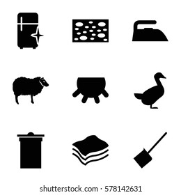 domestic icon. Set of 9 domestic filled icons such as udder, sheep, goose, dustpan, sponge, trash bin, iron