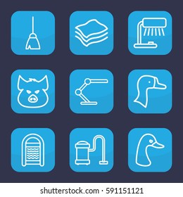 domestic icon. Set of 9 outline domestic icons such as pig, goose, broom, sponge, vacuum cleaner