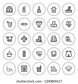 Domestic icon set. collection of 25 outline domestic icons with apron, beach towel, bucket, chicken, collar, broom, cat, dog, extractor hood, hamster icons. editable icons.