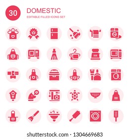 domestic icon set. Collection of 30 filled domestic icons included Apron, Paw ribbon, Fridge, Clean, Towel, Microwave, Broom, Toaster, Leash, Portable fridge, Dustpan, Aviary