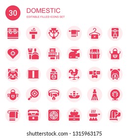 domestic icon set. Collection of 30 filled domestic icons included Coffee machine, Sink, Machine, Towel, Veterinary, Dustpan, Meat grinder, Litter box, Cat, Washing machine, Rooster