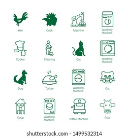 Domestic Icons. Editable 16 Domestic Icons. Included Icons Such As Hen, Cock, Machine, Washing Machine, Cooker, Cleaning, Cat, Dog, Turkey, Coop. Domestic Trendy Icons For Web.