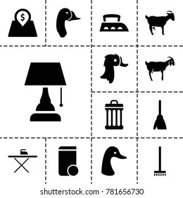 Domestic icons. set of 13 editable filled domestic icons such as goose, goat, broom, lot price, trash bin, ironing table, iron