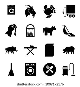 Domestic icons. set of 16 editable filled domestic icons such as cow, broom, ironing table, washing machine, spoon and fork, cargo height, turkey, hog, goat, pig, sponge