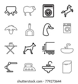 Domestic icons. set of 16 editable outline domestic icons such as udder, dog, goose, sink, cargo height, table lamp, horse, goat, washing machine, sheep, dustpan