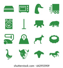 Domestic icons set. set of 16 domestic filled icons such as udder, goat, dog, goose, pig, horse, vacuum cleaner, mop, sponge, washing machine, cargo height, lot price