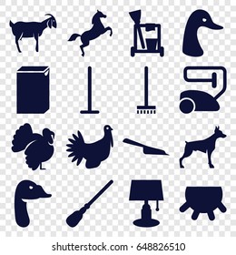 Domestic icons set. set of 16 domestic filled icons such as udder, dog, goose, goat, turkey, cleaning tools, vacuum cleaner, mop, dustpan, broom, washing machine, horse