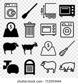 Domestic icons set. set of 16 domestic filled and outline icons such as sheep, goat, mop, sponge, lot price, meat grinder, microwave, washing machine, pig, trash bin