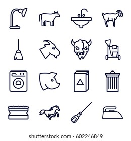 domestic icons set. Set of 16 domestic outline icons such as goat, horse, pig, cow, cleaning tools, broom, mop, trash bin, iron, washing machine, sponge, sink