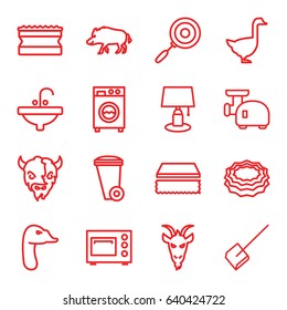 Domestic icons set. set of 16 domestic outline icons such as hog, goat, goose, dustpan, sponge, trash bin, sink, meat grinder, pan, microwave, washing machine