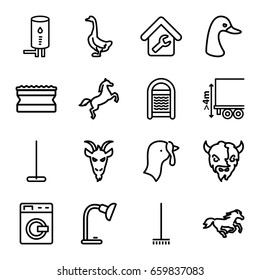 Domestic icons set. set of 16 domestic outline icons such as washing machine, goose, horse, goat, turkey, mop, broom, sponge, cargo height, table lamp, home repair