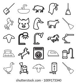 Domestic icons. set of 25 editable outline domestic icons such as cow, goat, turkey, hog, pig, goose, horse, cleaning tools, broom, dustpan, vacuum cleaner, table lamp, geyser