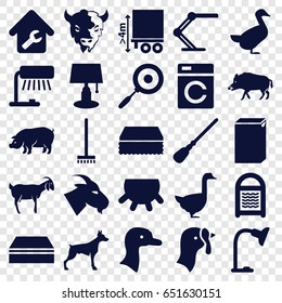 Domestic icons set. set of 25 domestic filled icons such as udder, goose, turkey, hog, dog, goat, pig, washing machine, broom, mop, sponge, cargo height, table lamp