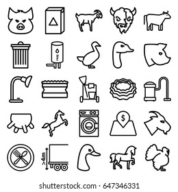 Domestic icons set. set of 25 domestic outline icons such as pig, horse, goose, goat, turkey, cow, udder, cleaning tools, trash bin, washing machine, sponge, vacuum cleaner