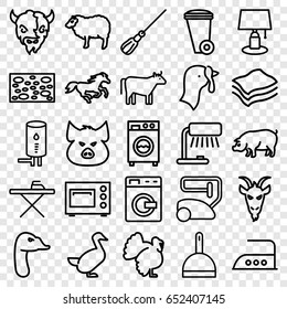Domestic icons set. set of 25 domestic outline icons such as washing machine, pig, sheep, horse, goat, turkey, goose, cow, vacuum cleaner, dustpan, mop, sponge, trash bin